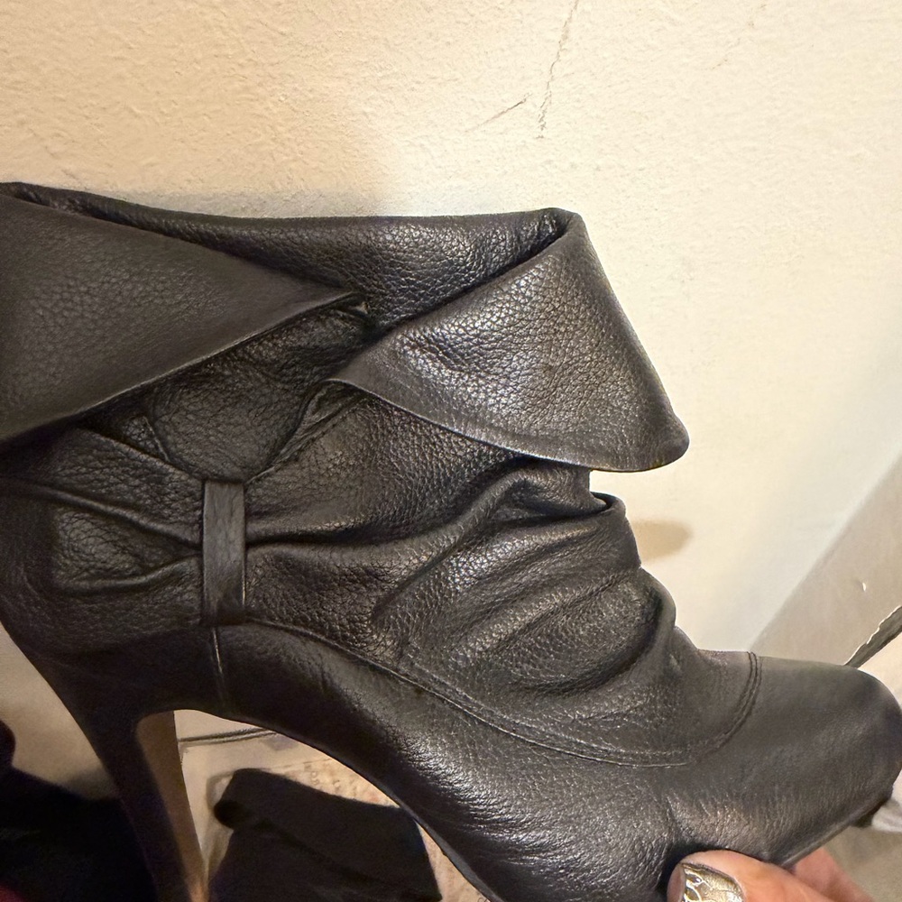 Report Black Fold-Over Leather Ankle Bootie with Ruched Shaft